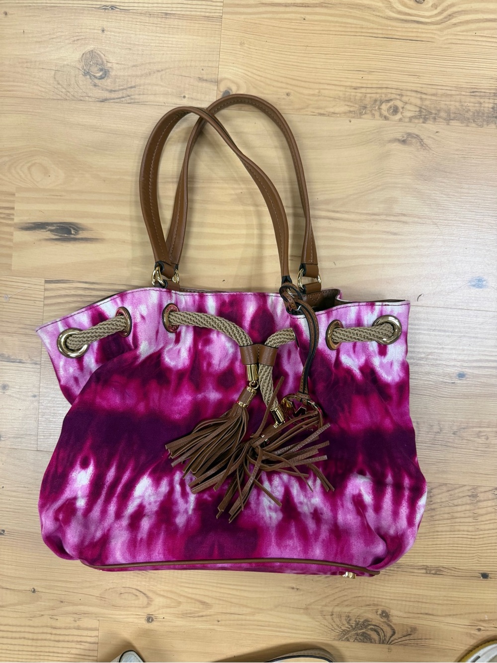 Michael Kors Magenta Tie-Dye Drawstring Shoulder Tote with Brown Leather - Picture 2 of 5